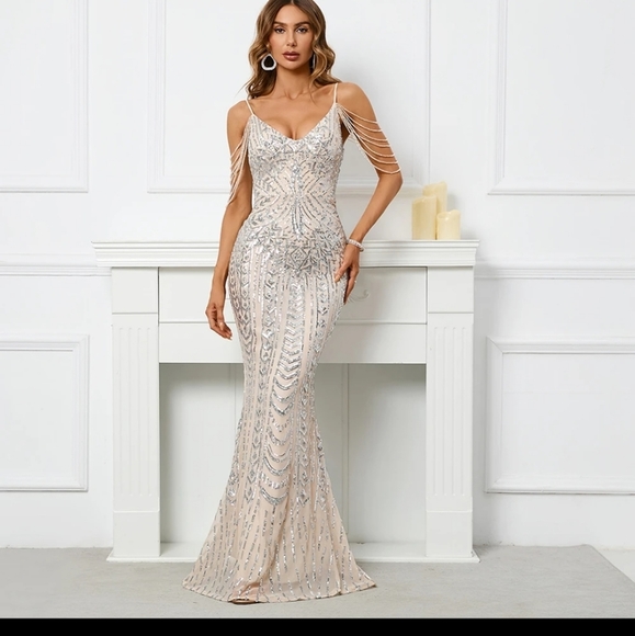 Silver, Backless, Cami,  Fringe Sleeves,  Contrast Sequined Mermaid Gown - Picture 6 of 16